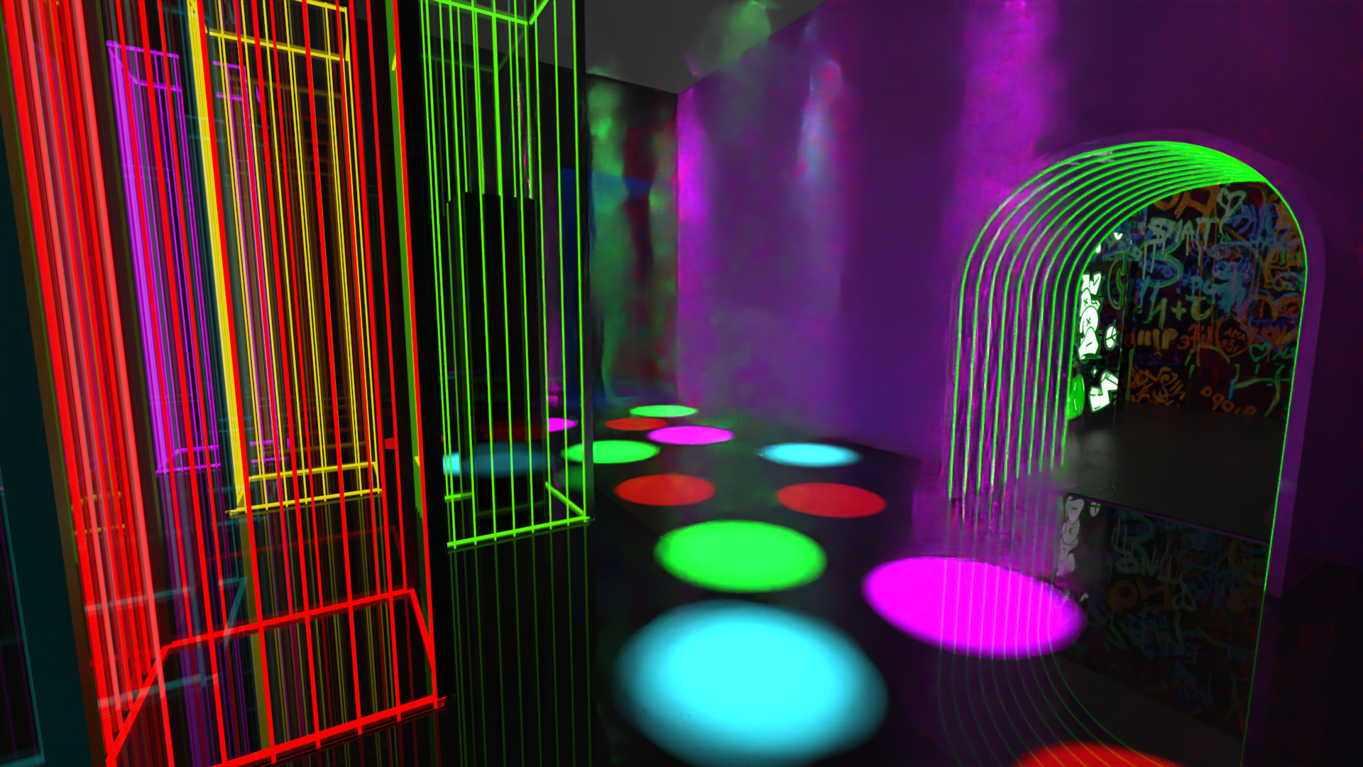 Lucid Frames |Neon cage corridor with colored lights